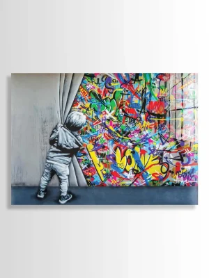 Little Boy Pulls Graffiti Curtain